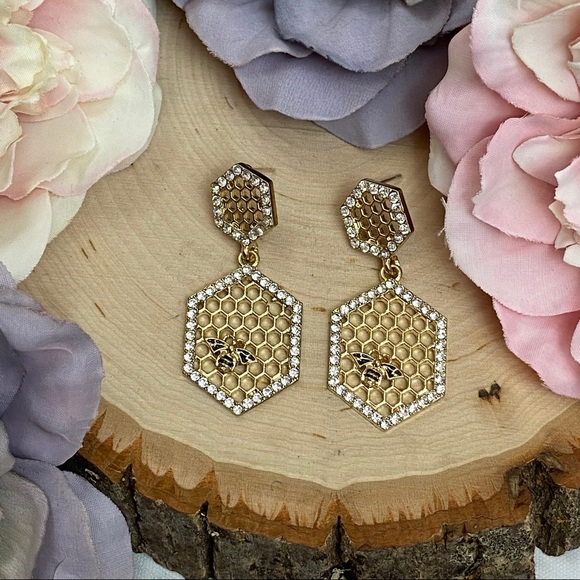 Gold Crystal Honeycomb Earrings with Bumblebee - Picture 10 of 16